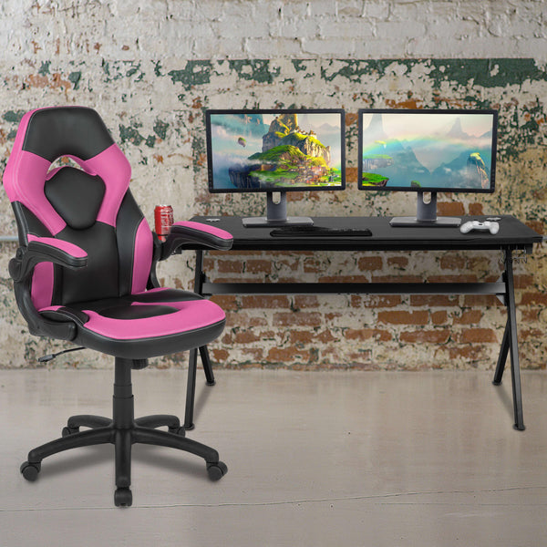 Pink |#| Black/Pink Gaming Desk Bundle - Cup & Headphone Holders/Mouse Pad Top