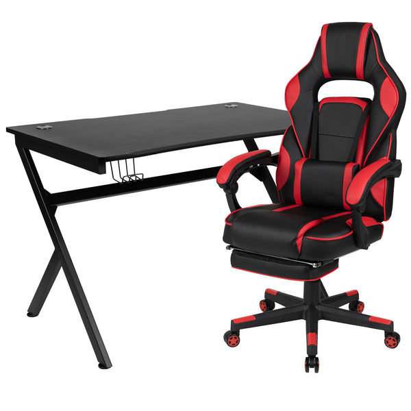 Red |#| Black/Red Gaming Desk Set - Cup/Headset Holder/Reclining & Footrest