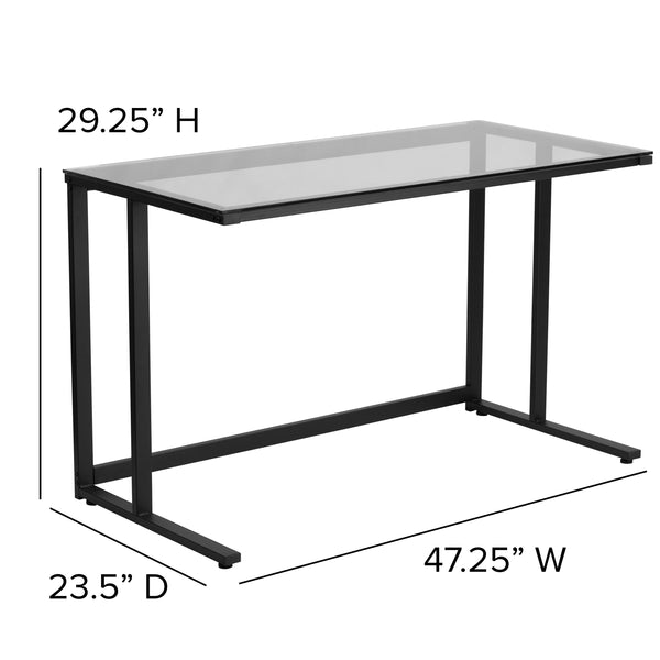 Glass Top Desk with Black Pedestal Metal Frame - Home Office Furniture