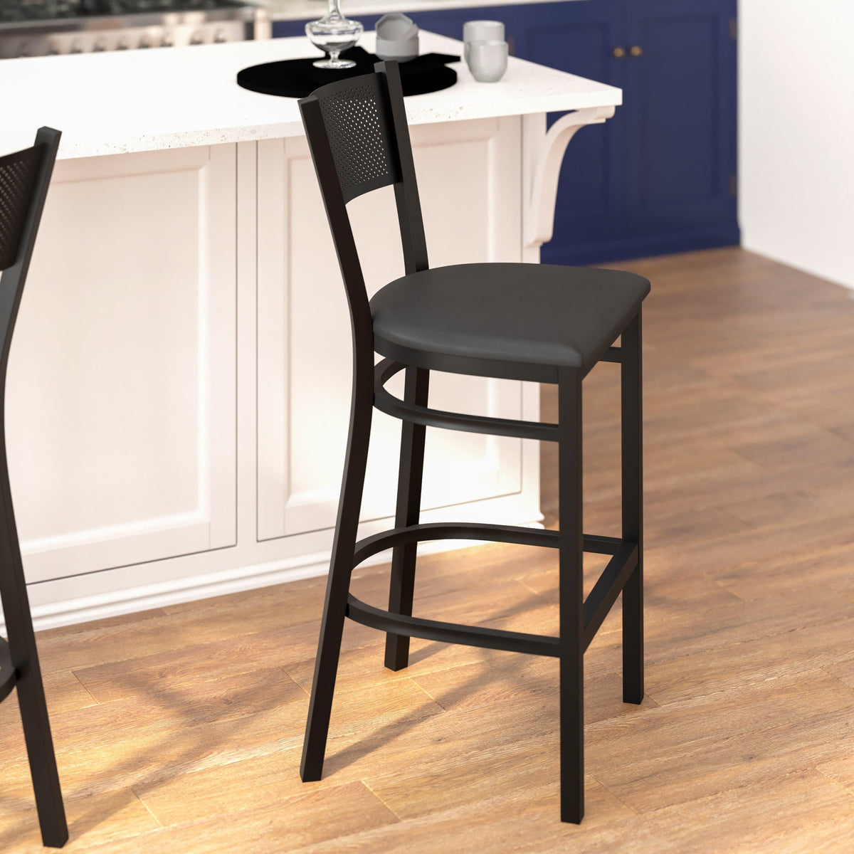 Black Vinyl Seat/Black Metal Frame |#| Black Grid Back Metal Restaurant Barstool with Black Vinyl Upholstered Seat