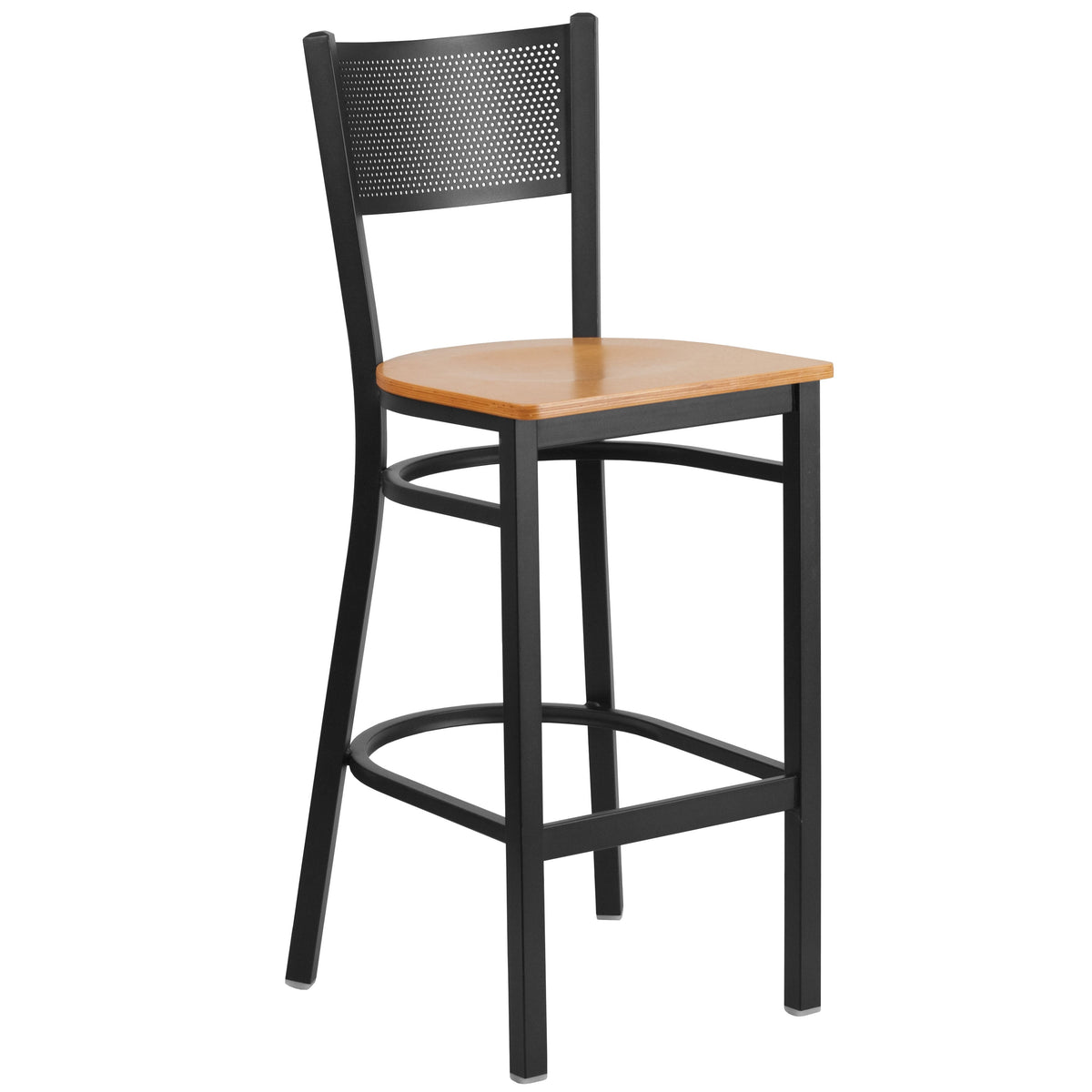 Natural Wood Seat/Black Metal Frame |#| Black Grid Back Metal Restaurant Barstool with Natural Wood Seat