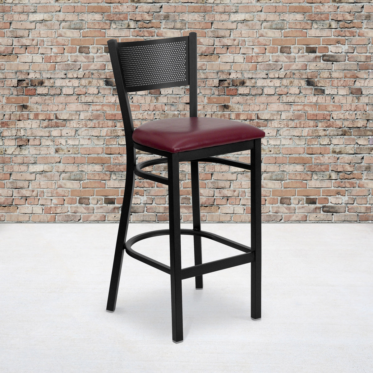 Burgundy Vinyl Seat/Black Metal Frame |#| Black Grid Back Metal Restaurant Barstool with Burgundy Vinyl Upholstered Seat