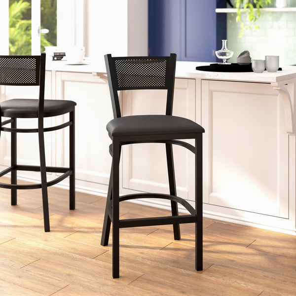 Black Vinyl Seat/Black Metal Frame |#| Black Grid Back Metal Restaurant Barstool with Black Vinyl Upholstered Seat