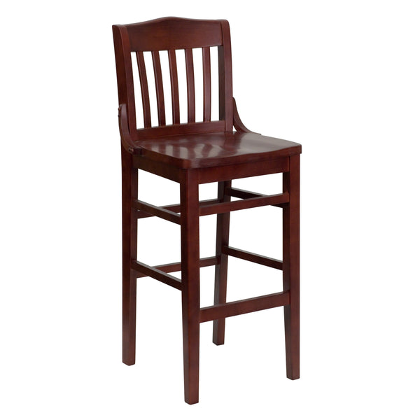 Mahogany |#| School House Back Mahogany Wood Restaurant Barstool with Footrest