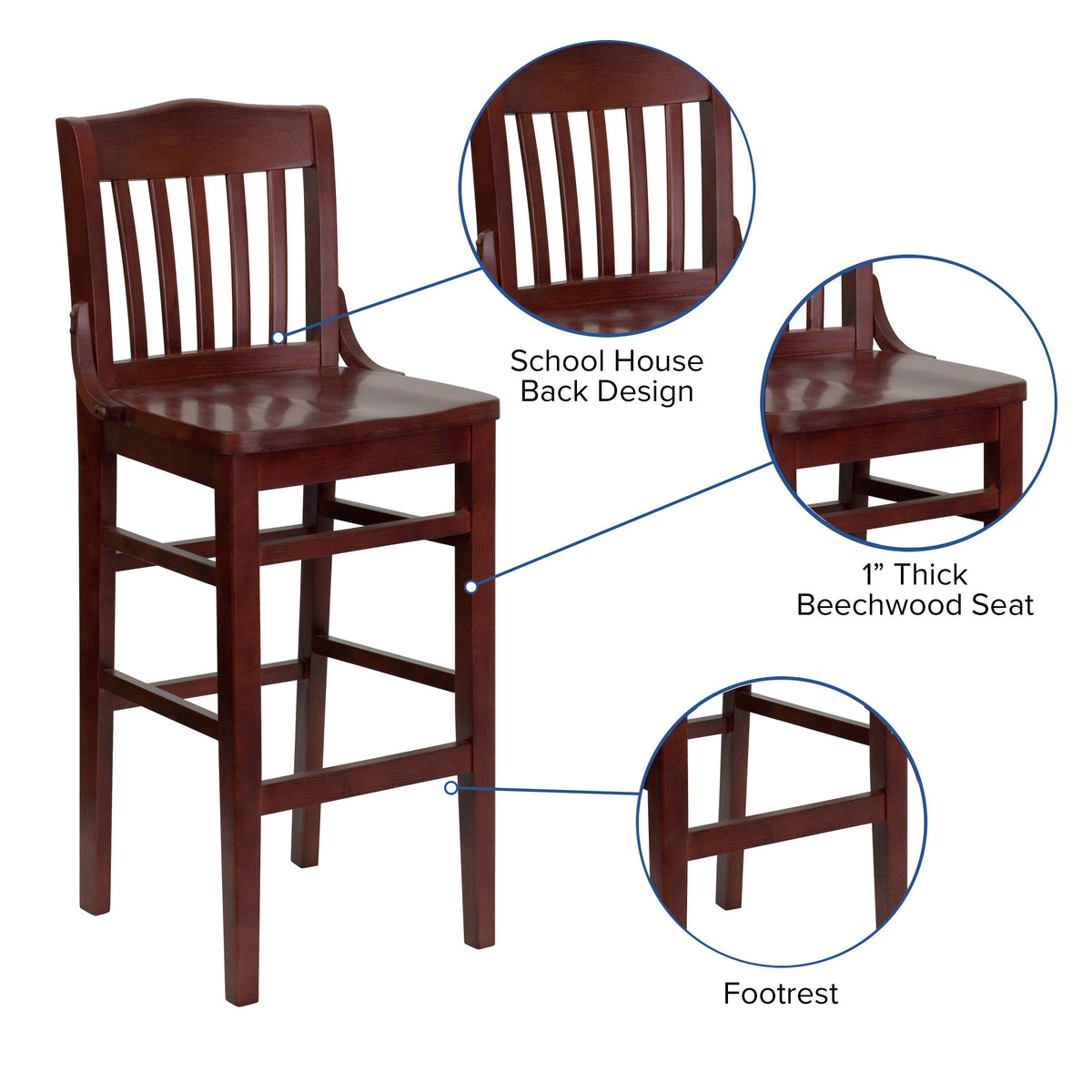 Mahogany |#| School House Back Mahogany Wood Restaurant Barstool with Footrest