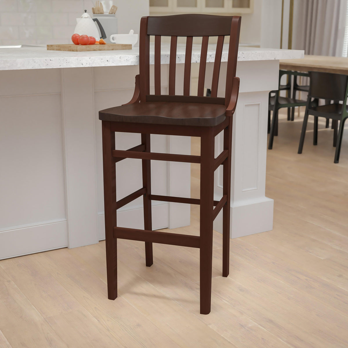 Walnut |#| School House Back Walnut Wood Restaurant Barstool with Footrest