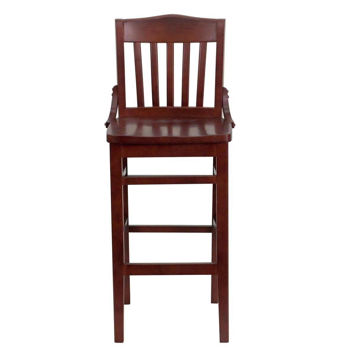 Mahogany |#| School House Back Mahogany Wood Restaurant Barstool with Footrest