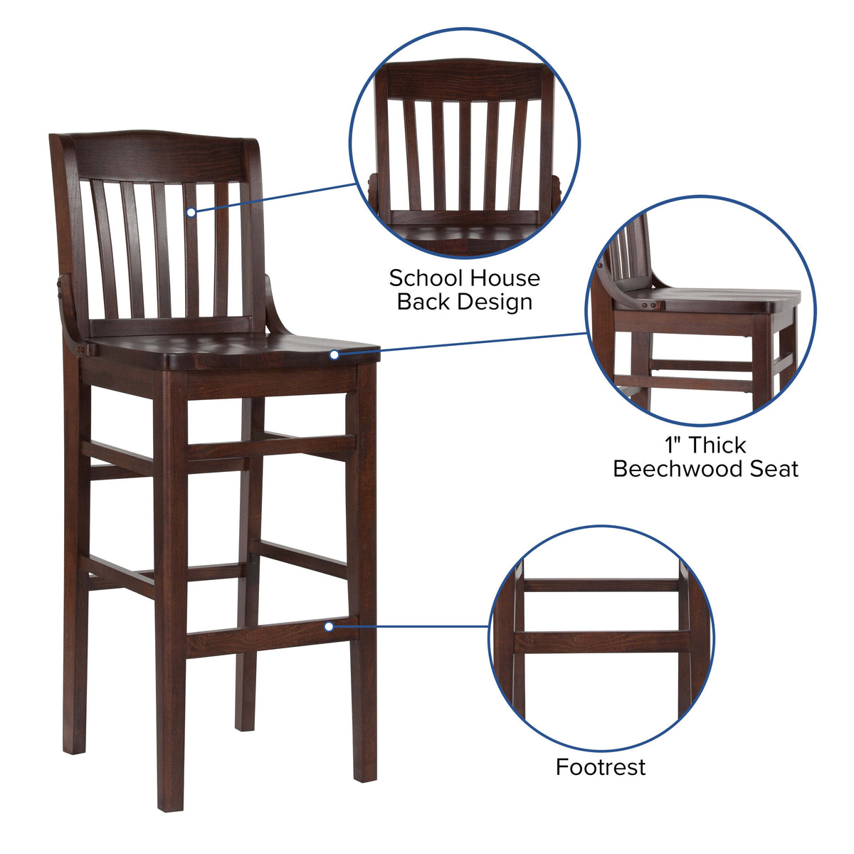 Walnut |#| School House Back Walnut Wood Restaurant Barstool with Footrest