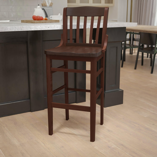 Walnut |#| School House Back Walnut Wood Restaurant Barstool with Footrest