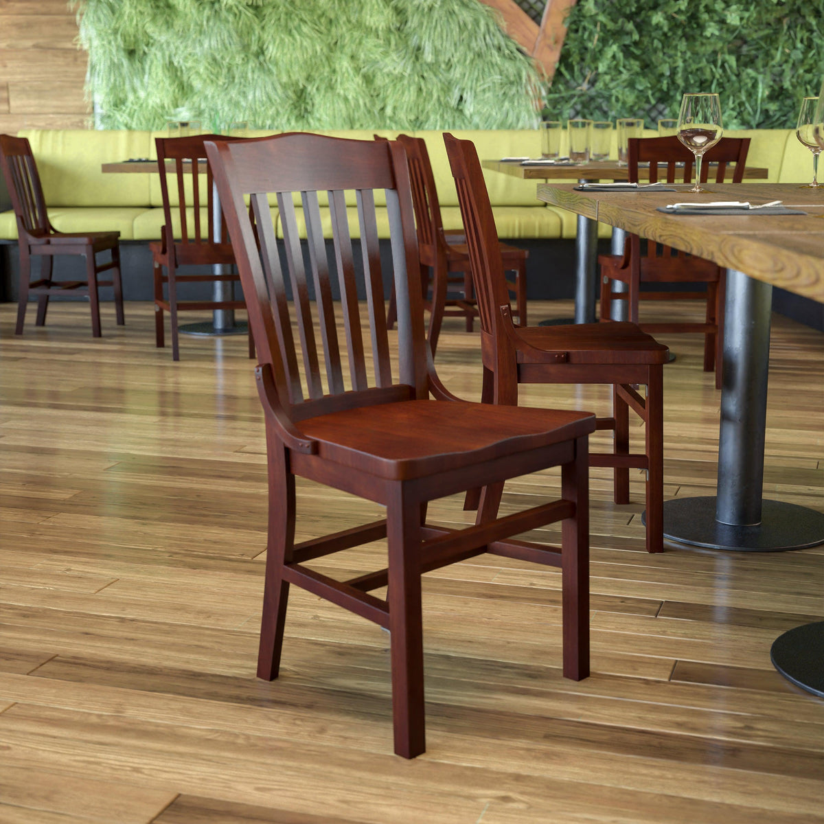 Mahogany |#| School House Back Mahogany Wood Restaurant Chair with Footrest