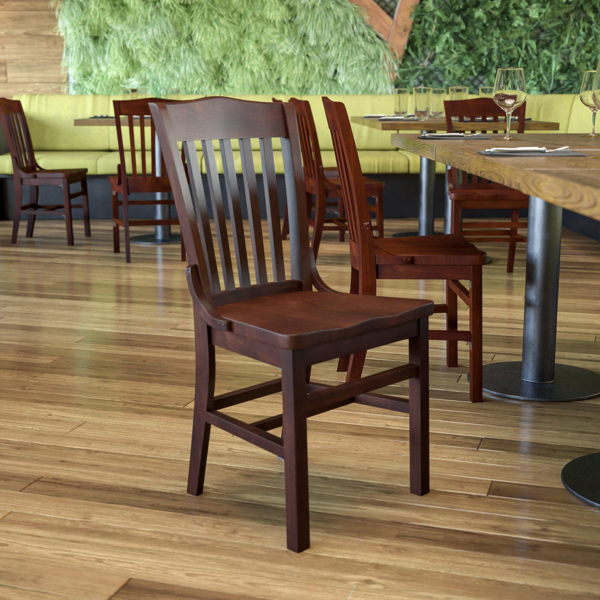 Walnut |#| School House Back Walnut Wood Restaurant Chair with Footrest