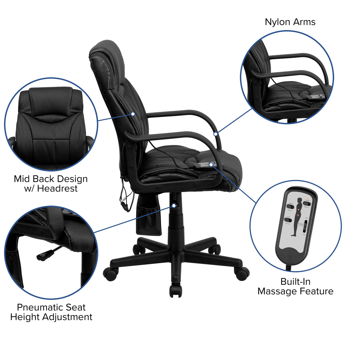 Mid-Back Ergonomic Massaging Black LeatherSoft Executive Office Chair w/ Arms