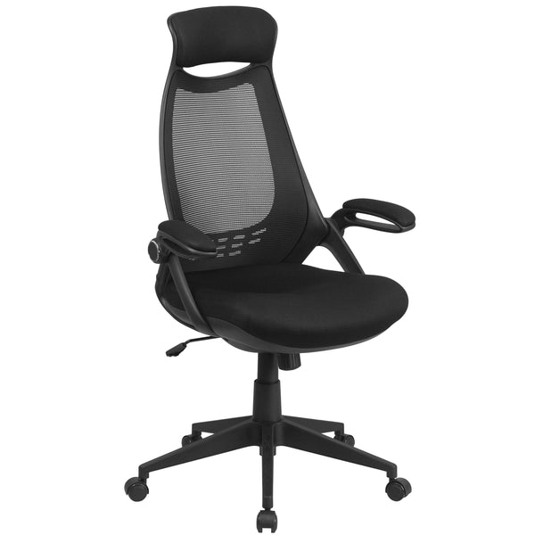 Black Mesh |#| High Back Black Mesh Executive Swivel Office Chair with Flip-Up Arms