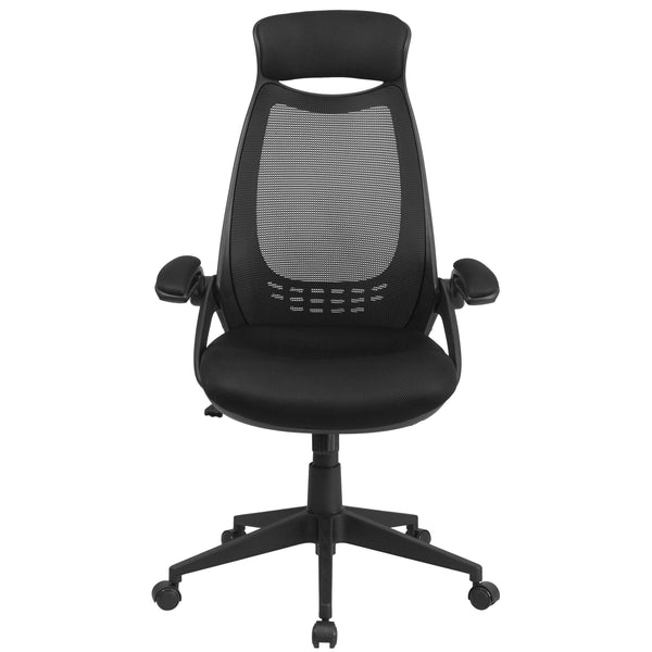 Black Mesh |#| High Back Black Mesh Executive Swivel Office Chair with Flip-Up Arms