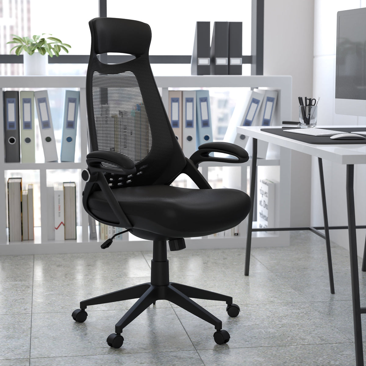 Black Mesh |#| High Back Black Mesh Executive Swivel Office Chair with Flip-Up Arms