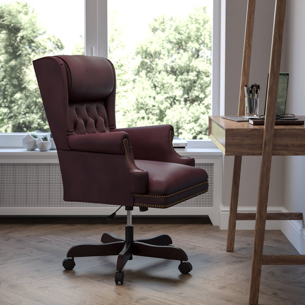 Burgundy |#| High Back Tufted Burgundy LeatherSoft Ergonomic Chair with Oversized Headrest