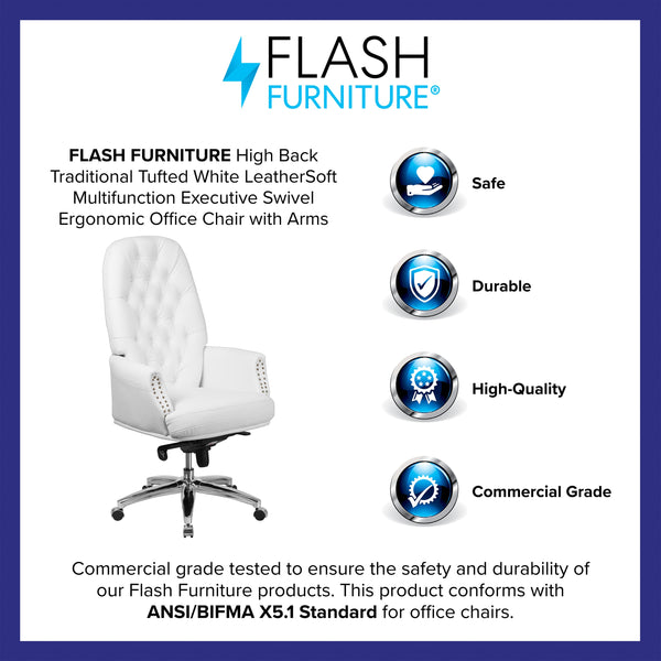 White |#| High Back Tufted White LeatherSoft Multifunction Ergonomic Office Chair w/Arms