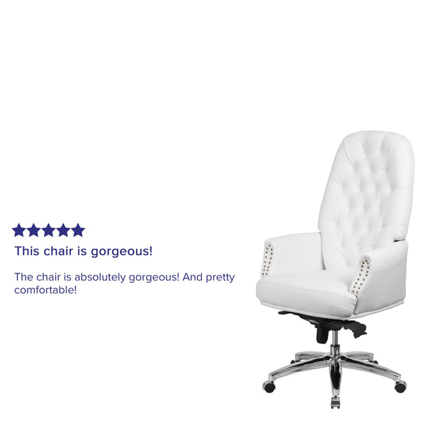 White |#| High Back Tufted White LeatherSoft Multifunction Ergonomic Office Chair w/Arms