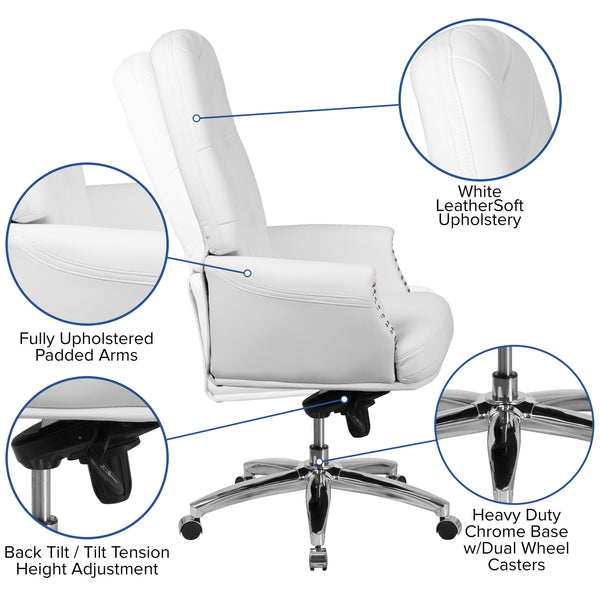 White |#| High Back Tufted White LeatherSoft Multifunction Ergonomic Office Chair w/Arms