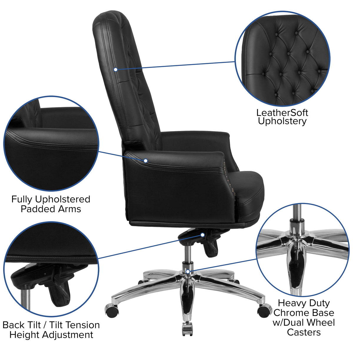 Black |#| High Back Tufted Black LeatherSoft Multifunction Ergonomic Office Chair w/Arms