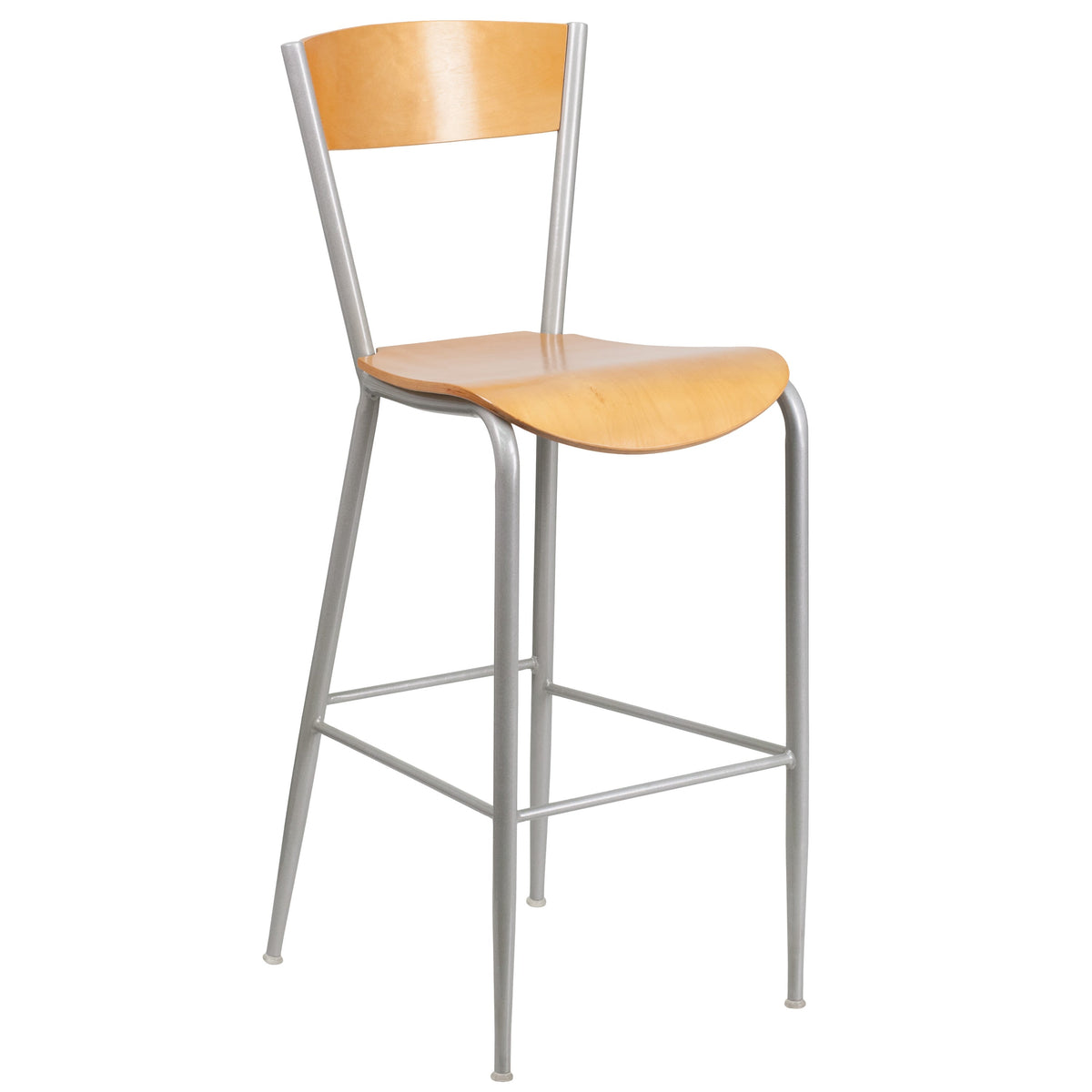 Silver Metal Restaurant Barstool - Natural Wood Back & Seat