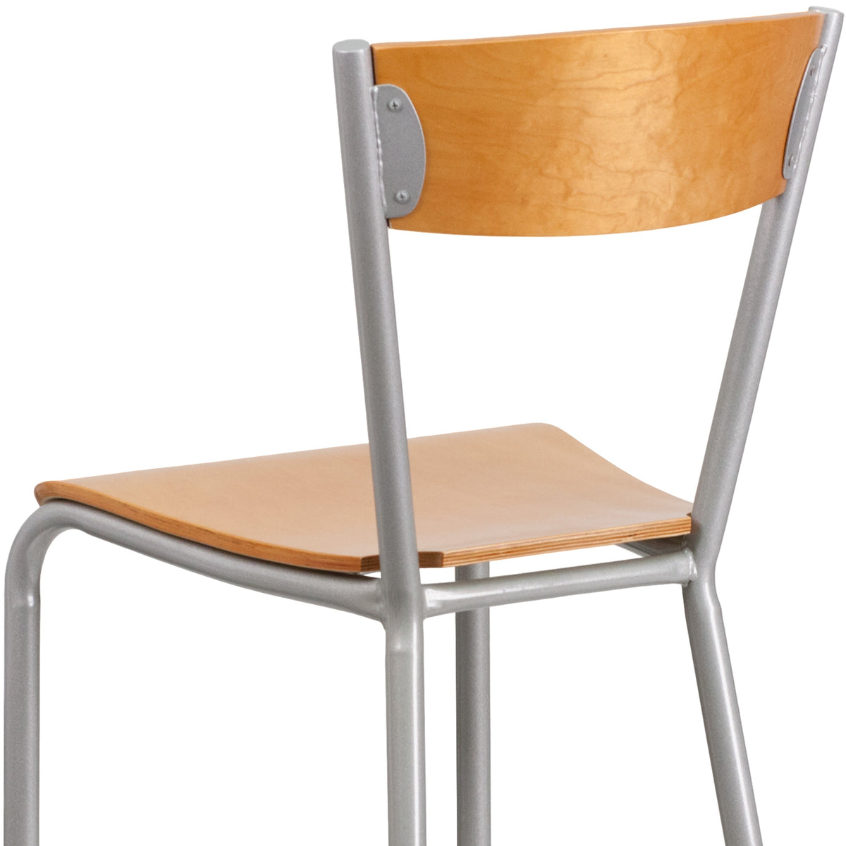 Silver Metal Restaurant Barstool - Natural Wood Back & Seat