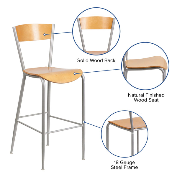 Silver Metal Restaurant Barstool - Natural Wood Back & Seat