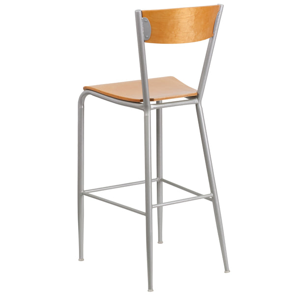 Silver Metal Restaurant Barstool - Natural Wood Back & Seat