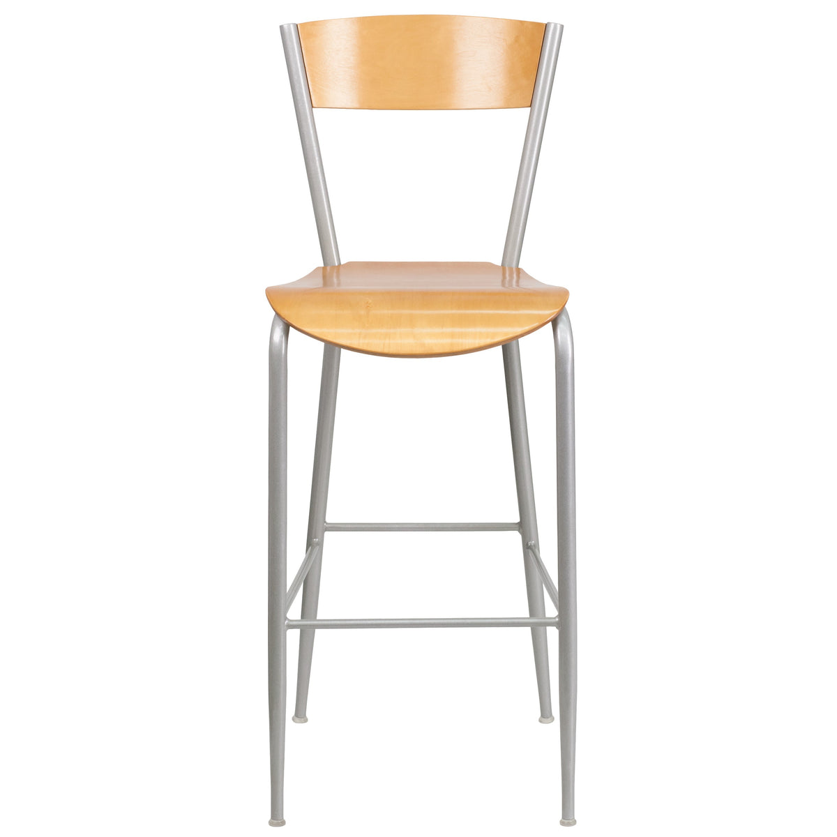 Silver Metal Restaurant Barstool - Natural Wood Back & Seat