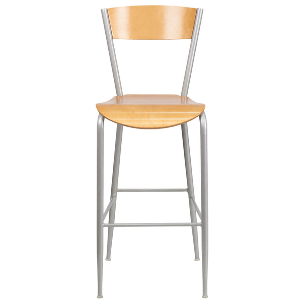 Silver Metal Restaurant Barstool - Natural Wood Back & Seat