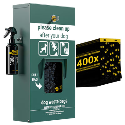 Kessler Locking Dog Waste Bag Dispenser with Glow in the Dark Sign, Hand Sanitizer Bottle and Rain Guard - 400 Pull Out Header Bags Included - View 1