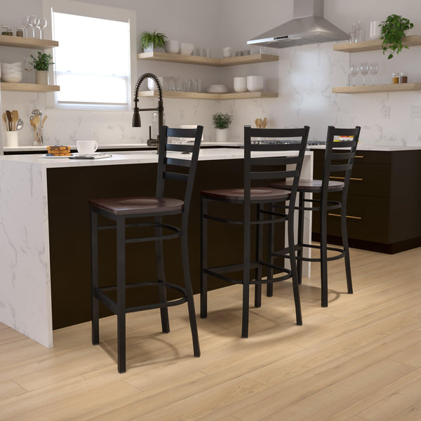 Walnut Wood Seat/Black Metal Frame |#| Black Ladder Back Metal Restaurant Barstool - Walnut Wood Seat