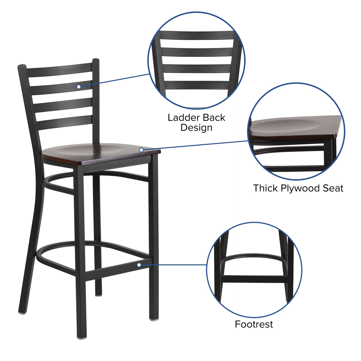 Walnut Wood Seat/Black Metal Frame |#| Black Ladder Back Metal Restaurant Barstool - Walnut Wood Seat