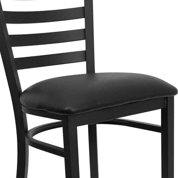 Black Vinyl Seat/Black Metal Frame |#| Black Ladder Back Metal Restaurant Barstool - Black Vinyl Seat