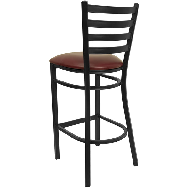 Burgundy Vinyl Seat/Black Metal Frame |#| Black Ladder Back Metal Restaurant Barstool - Burgundy Vinyl Seat