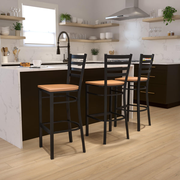 Natural Wood Seat/Black Metal Frame |#| Black Ladder Back Metal Restaurant Barstool - Natural Wood Seat