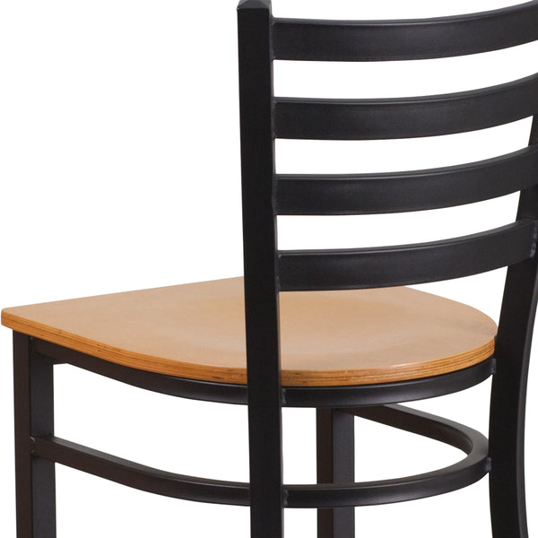 Natural Wood Seat/Black Metal Frame |#| Black Ladder Back Metal Restaurant Barstool - Natural Wood Seat