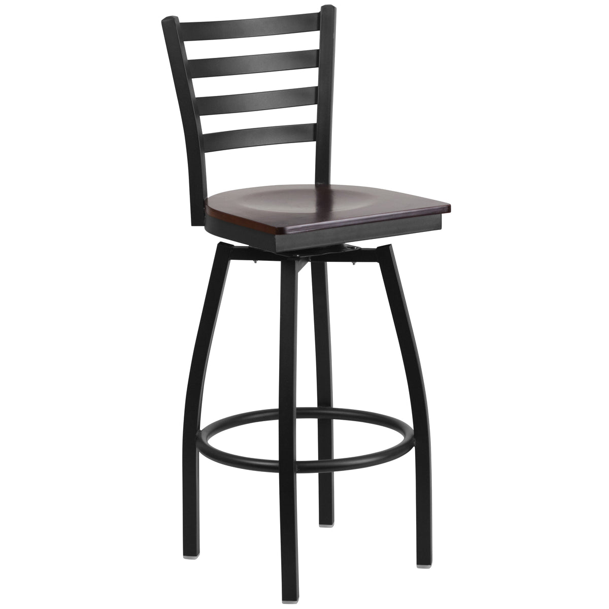 Walnut Wood Seat/Black Metal Frame |#| Black Ladder Back Swivel Metal Barstool - Walnut Wood Seat