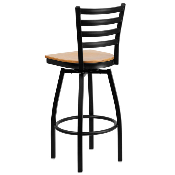 Natural Wood Seat/Black Metal Frame |#| Black Ladder Back Swivel Metal Barstool - Natural Wood Seat