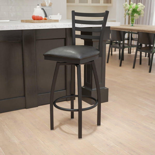 Black Vinyl Seat/Black Metal Frame |#| Black Ladder Back Swivel Metal Barstool - Black Vinyl Seat