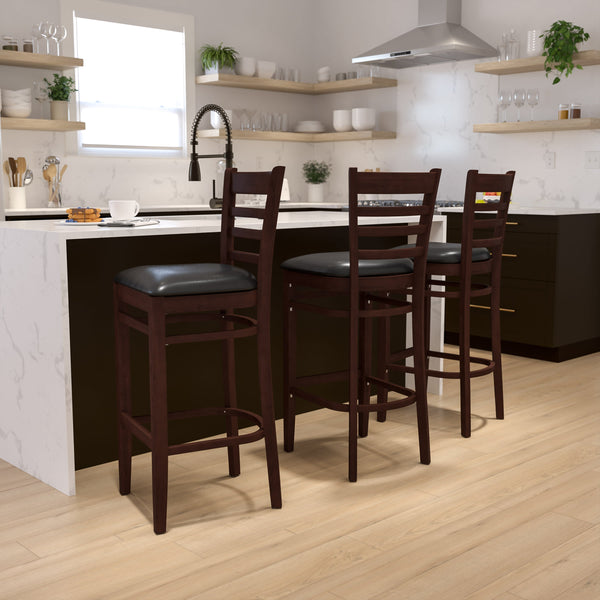 Black Vinyl Seat/Walnut Wood Frame |#| Ladder Back Walnut Wood Restaurant Barstool - Black Vinyl Seat