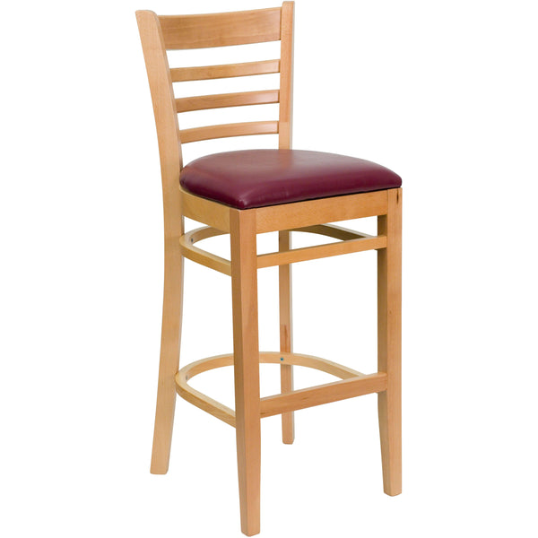 Burgundy Vinyl Seat/Natural Wood Frame |#| Ladder Back Natural Wood Restaurant Barstool - Burgundy Vinyl Seat