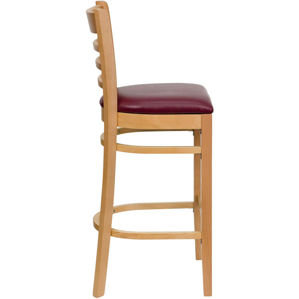 Burgundy Vinyl Seat/Natural Wood Frame |#| Ladder Back Natural Wood Restaurant Barstool - Burgundy Vinyl Seat