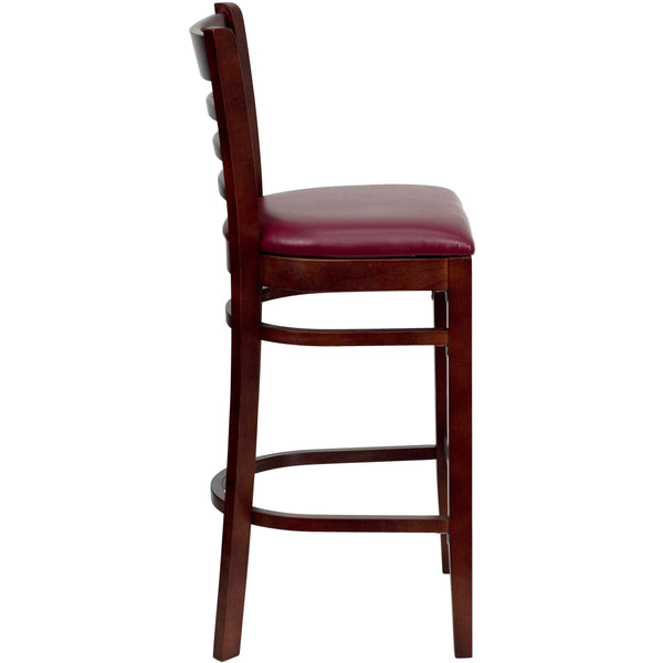 Burgundy Vinyl Seat/Mahogany Wood Frame |#| Ladder Back Mahogany Wood Restaurant Barstool - Burgundy Vinyl Seat