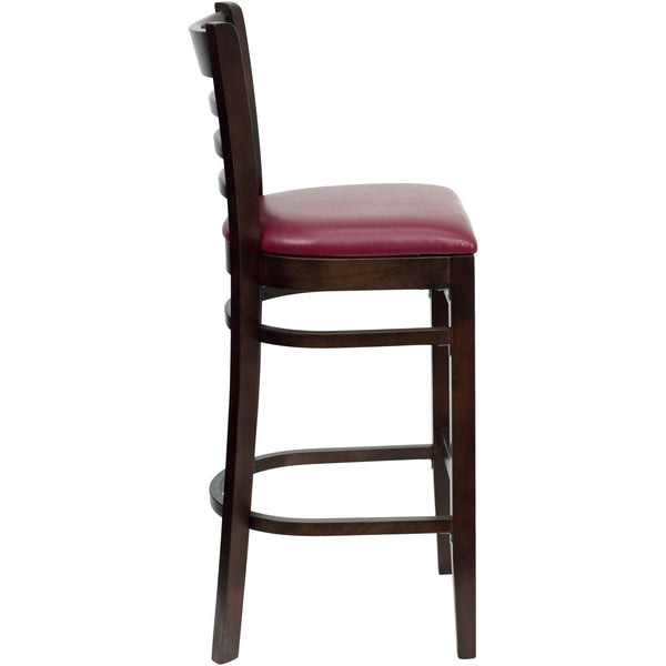 Burgundy Vinyl Seat/Walnut Wood Frame |#| Ladder Back Walnut Wood Restaurant Barstool - Burgundy Vinyl Seat