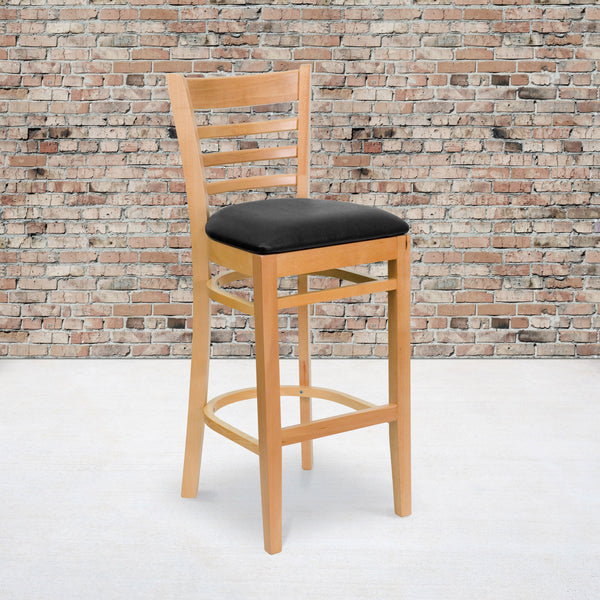 Black Vinyl Seat/Natural Wood Frame |#| Ladder Back Natural Wood Restaurant Barstool - Black Vinyl Seat