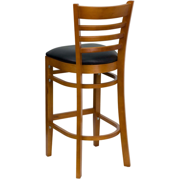 Black Vinyl Seat/Cherry Wood Frame |#| Ladder Back Cherry Wood Restaurant Barstool - Black Vinyl Seat