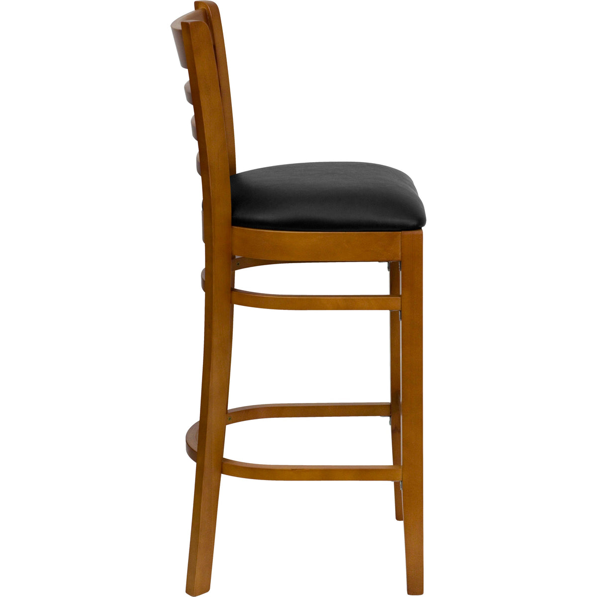 Black Vinyl Seat/Cherry Wood Frame |#| Ladder Back Cherry Wood Restaurant Barstool - Black Vinyl Seat