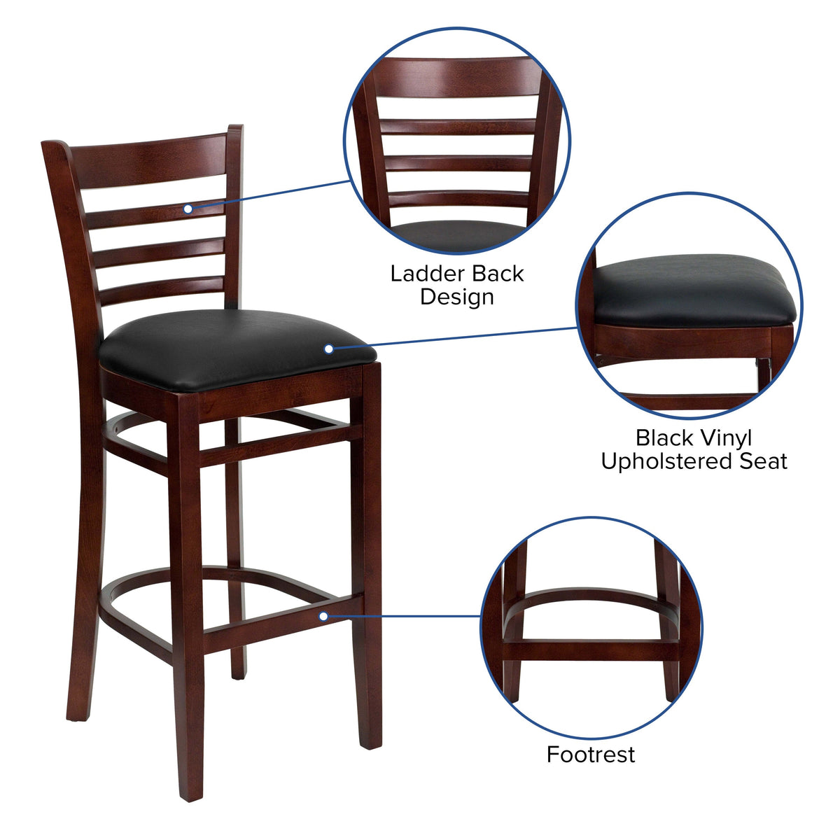 Black Vinyl Seat/Mahogany Wood Frame |#| Ladder Back Mahogany Wood Restaurant Barstool - Black Vinyl Seat