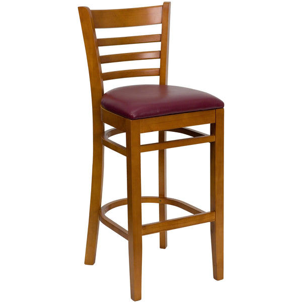 Burgundy Vinyl Seat/Cherry Wood Frame |#| Ladder Back Cherry Wood Restaurant Barstool - Burgundy Vinyl Seat